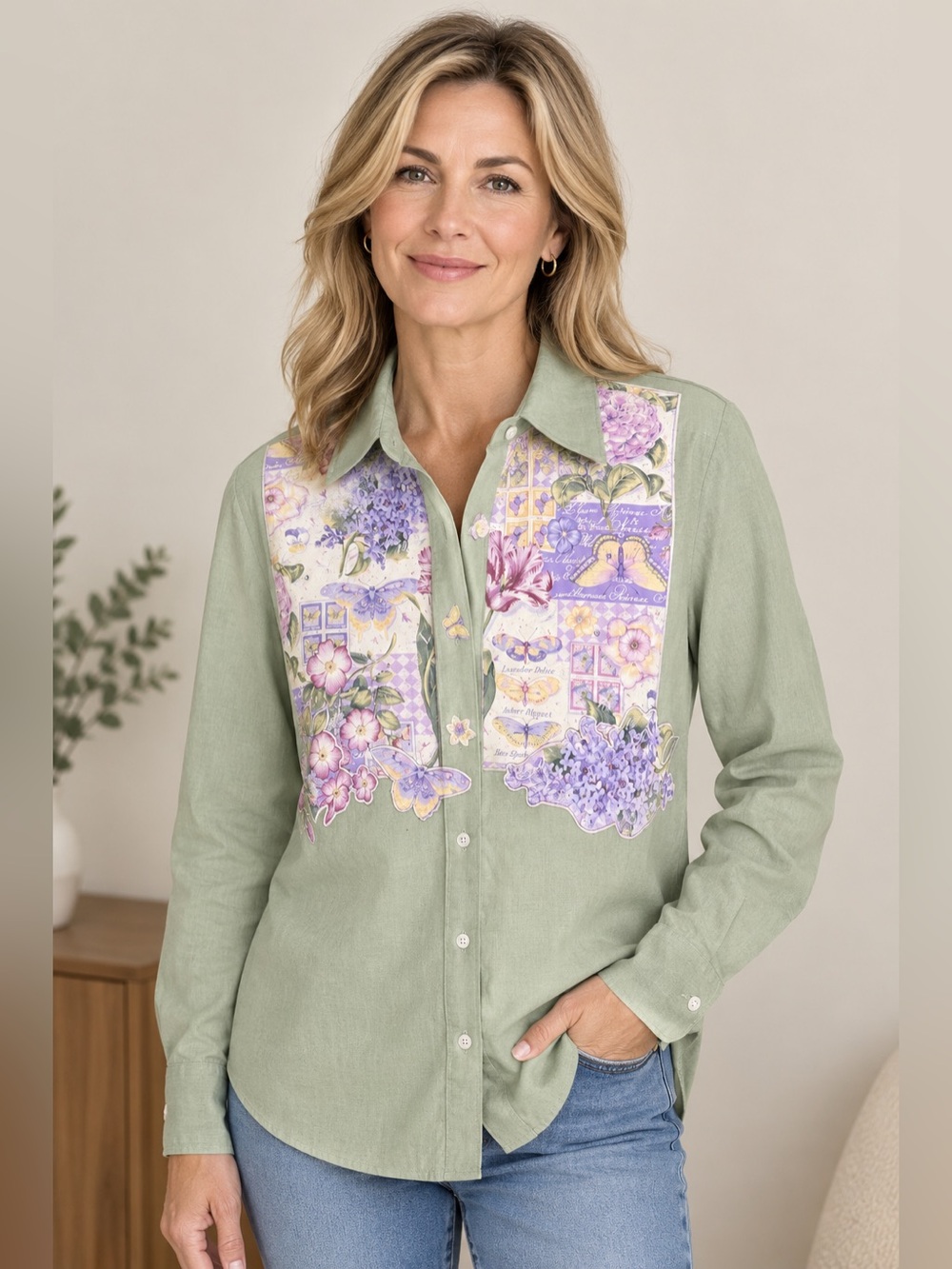 The Quacker Factory women's button-up linen blend shirt Sz M oversized green